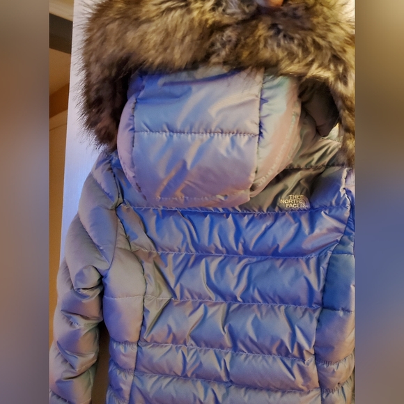 The North Face Women's Light Blue Puffer Coat with Faux Fur Hood - Picture 6 of 8